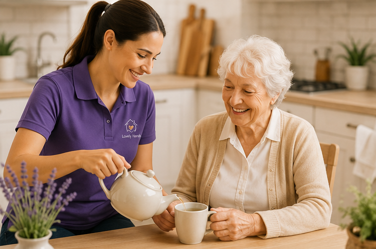 Lovely Hands carer sharing a warm cup of tea with an elderly client at home