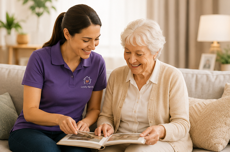 Lovely Hands helper and elderly client reading together on the sofa
