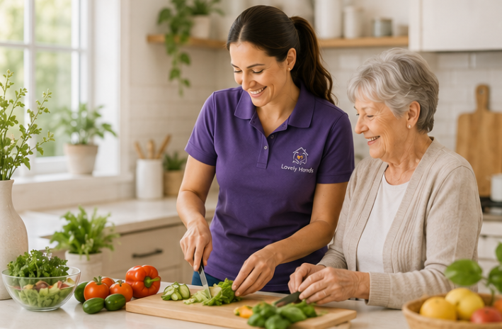 Lovely Hands carer helping an elderly client prepare a fresh meal in the kitchen