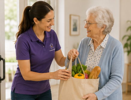 Lovely Hands helper delivering fresh groceries to an elderly client at her door