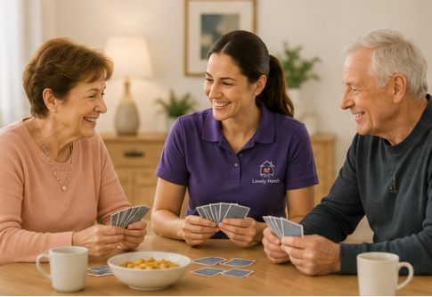 Lovely Hands helper enjoying a card game with an elderly couple